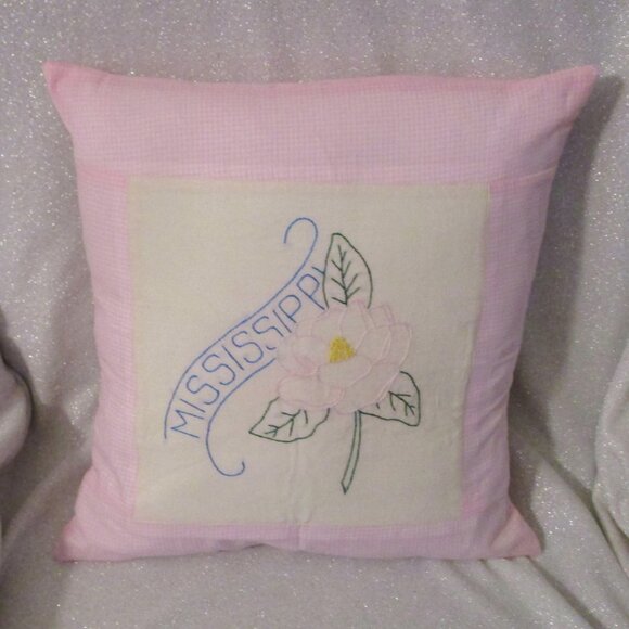 Mississippi Hand Embroidered State Flower Accent Pillow - 16" - Picture 1 of 3